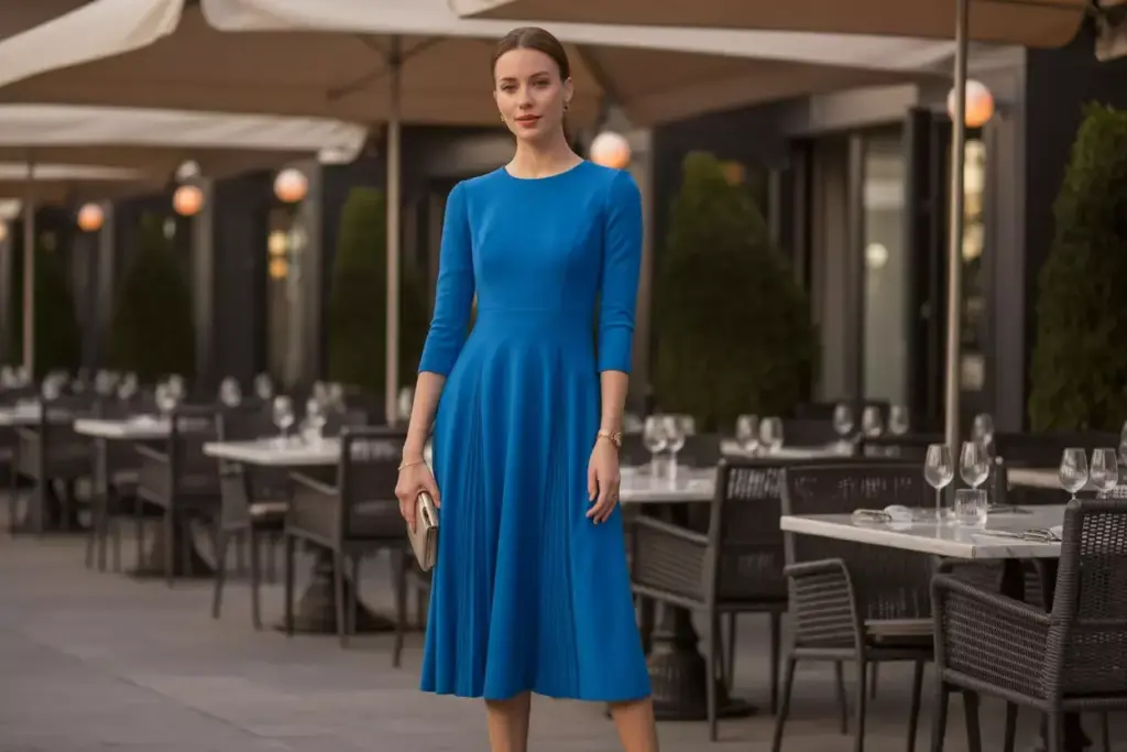 Woman in a blue dress stands outside at a restaurant patio with empty tables and chairs.