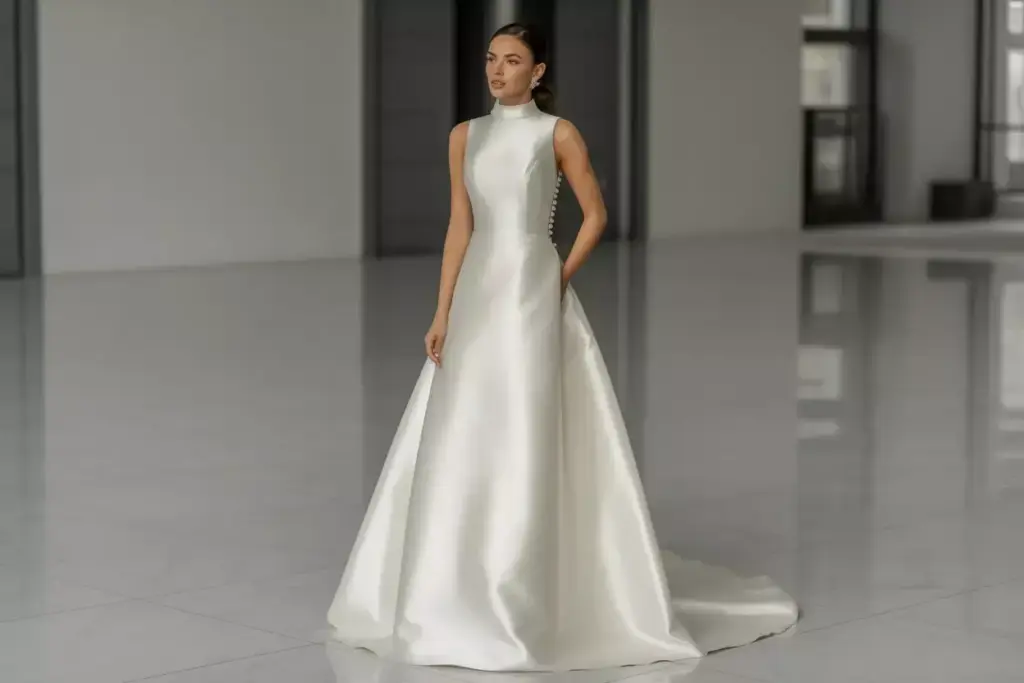 Woman in a sleeveless, high-neck, satin white wedding gown standing in a modern, minimalistic room.