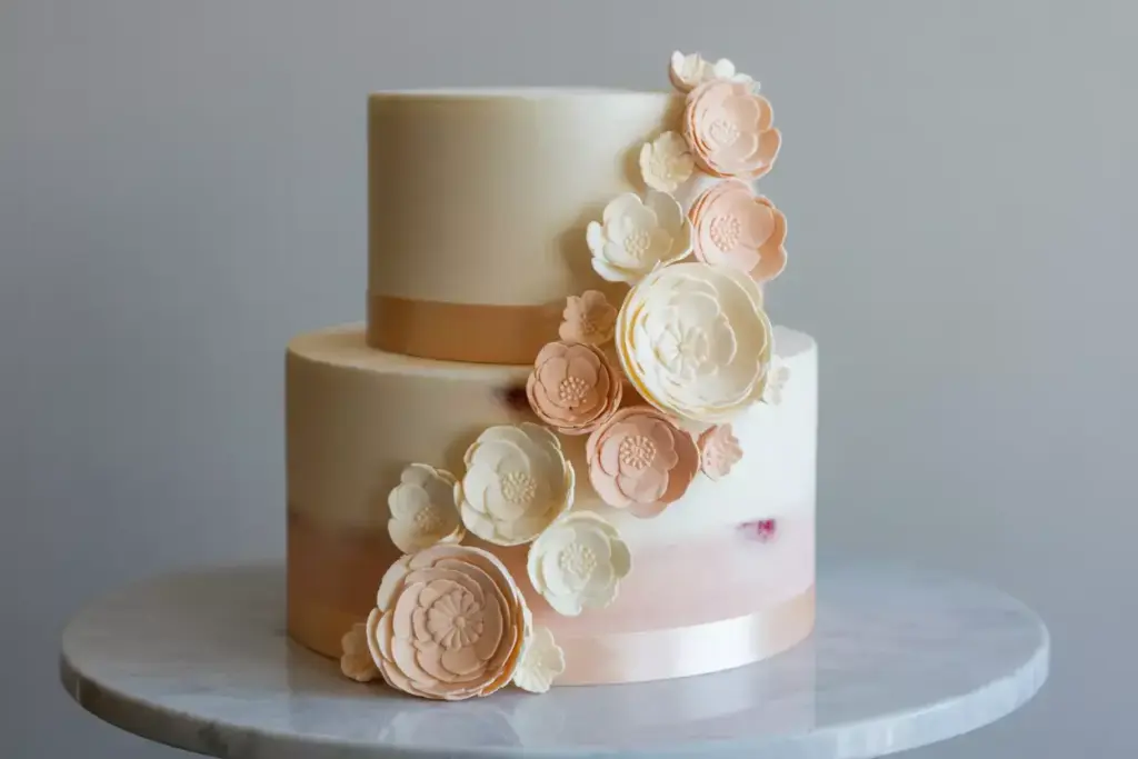 Two-tiered cake with peach and cream sugar flowers and a peach ribbon, displayed on a marble surface.