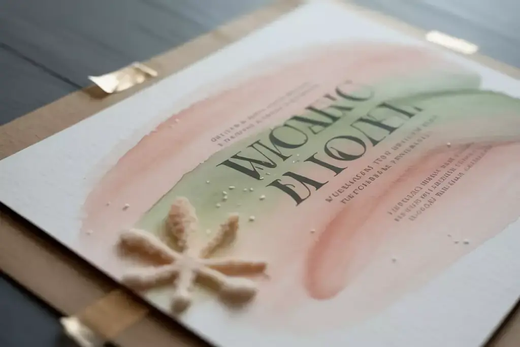A wedding invitation with watercolor design and a small starfish decoration on the corner.