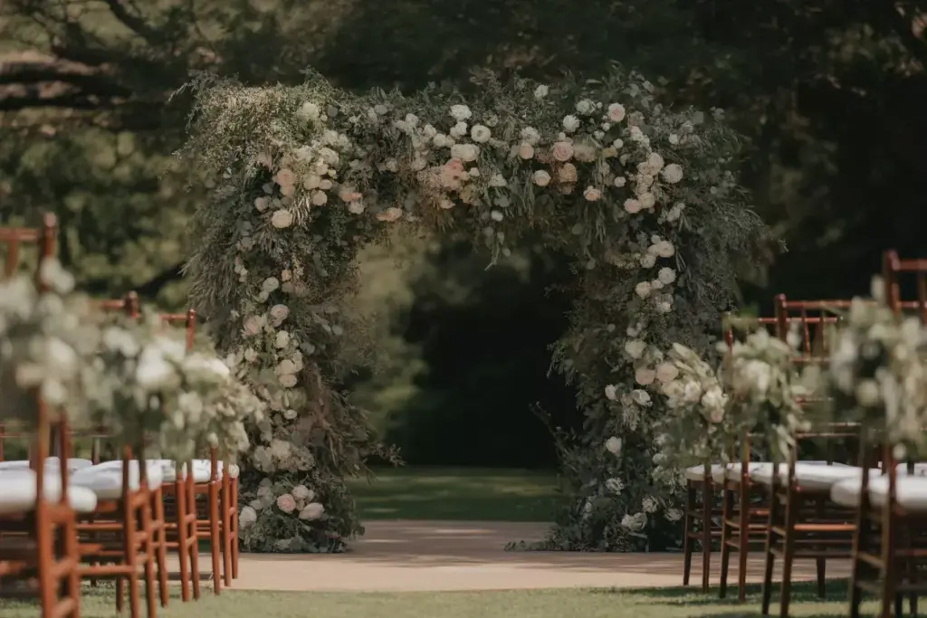 Floral wedding arch decorated with white flowers and greenery, with chairs arranged on either side of the aisle.