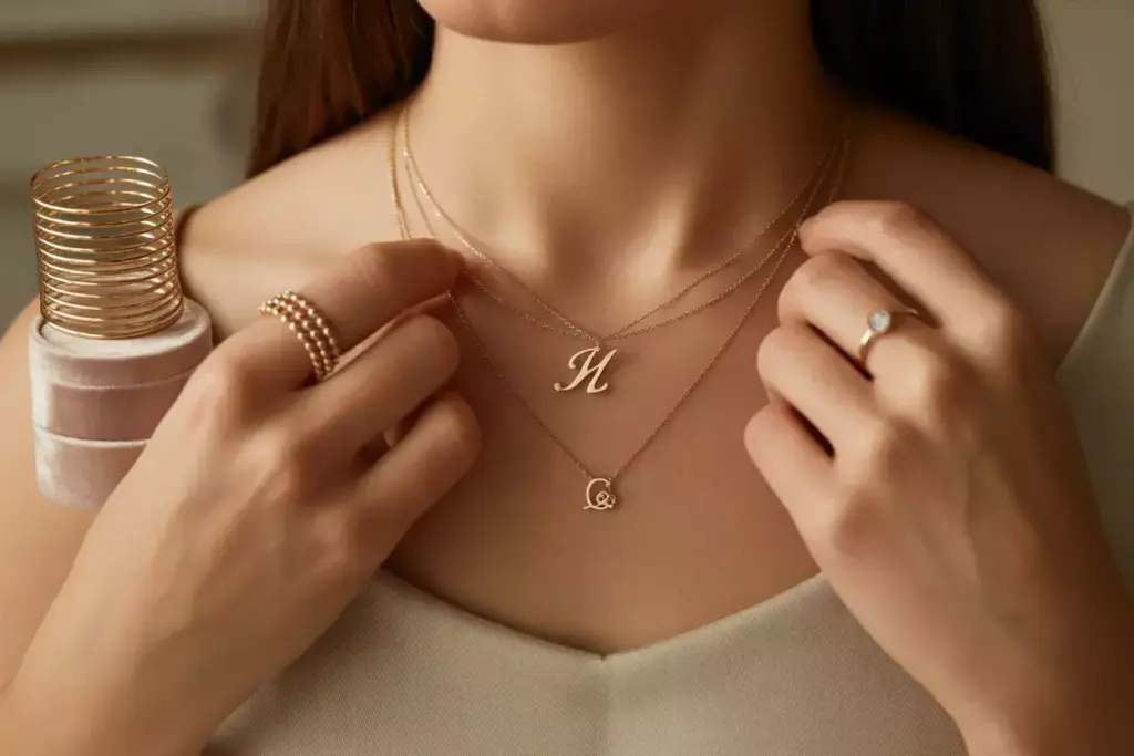 A woman wears layered gold necklaces with letter pendants and gold rings, including a pearl ring, on her fingers.