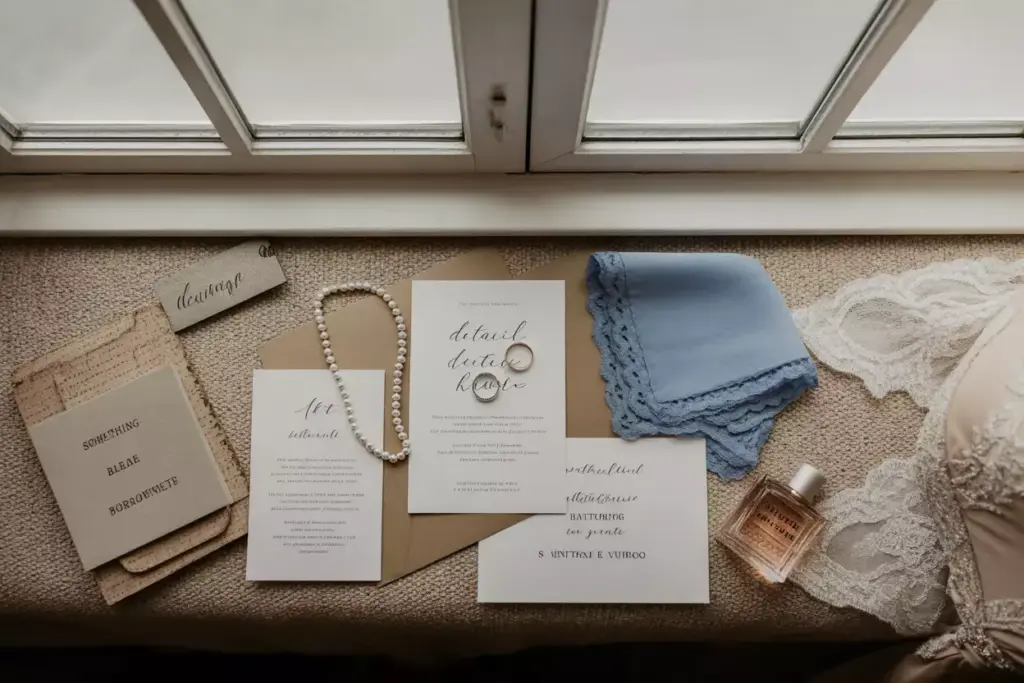 Flat lay of wedding invitations, rings, pearl necklace, blue handkerchief, perfume, and lace by a window.