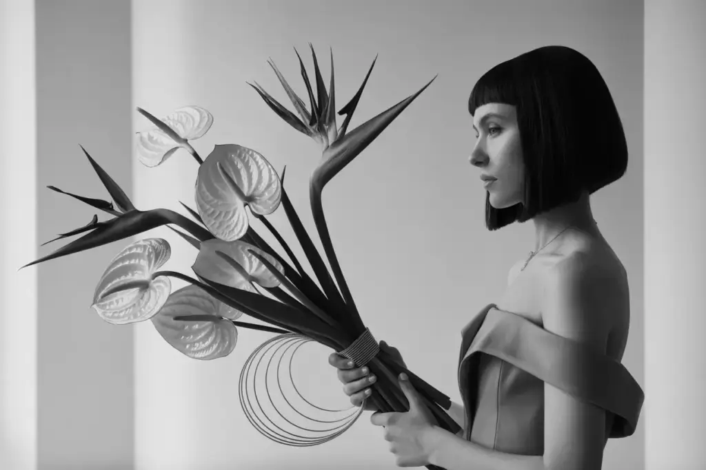 Woman with a sleek bob haircut holds a bouquet of tropical flowers, wearing an off-shoulder dress.