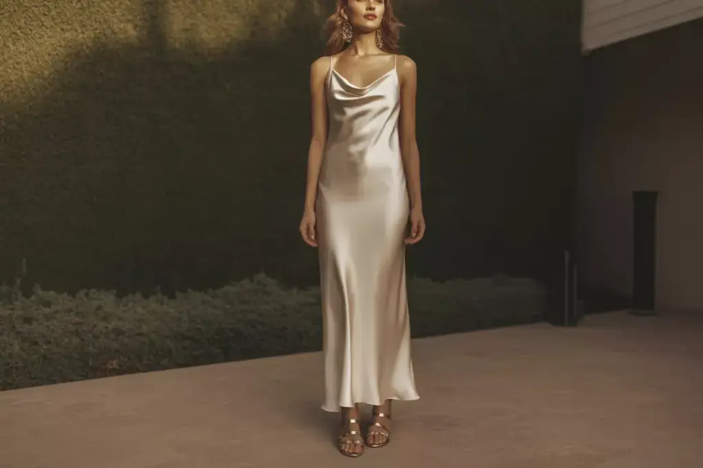 Woman in a shiny, ivory satin slip dress and sandals, standing outdoors against a green hedge background.