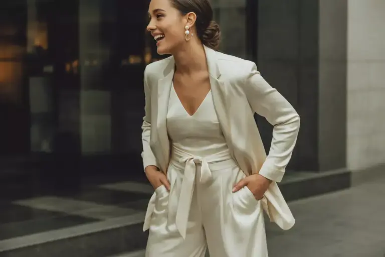 Woman smiling in a white suit with hands in pockets, standing outdoors near a modern building.