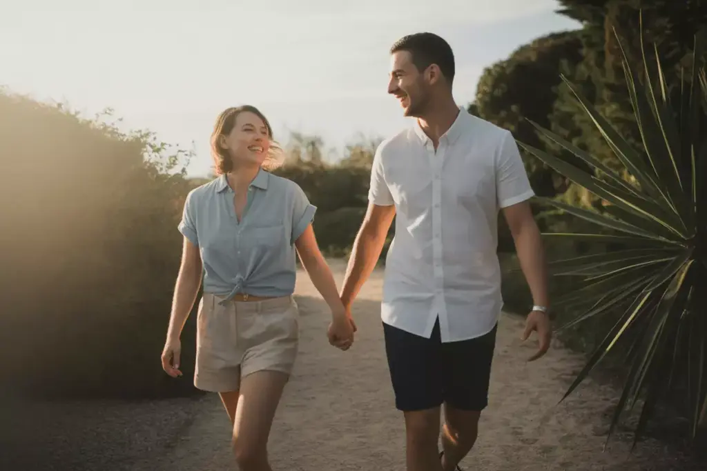 A smiling couple walks hand in hand on a sunny outdoor path surrounded by greenery.