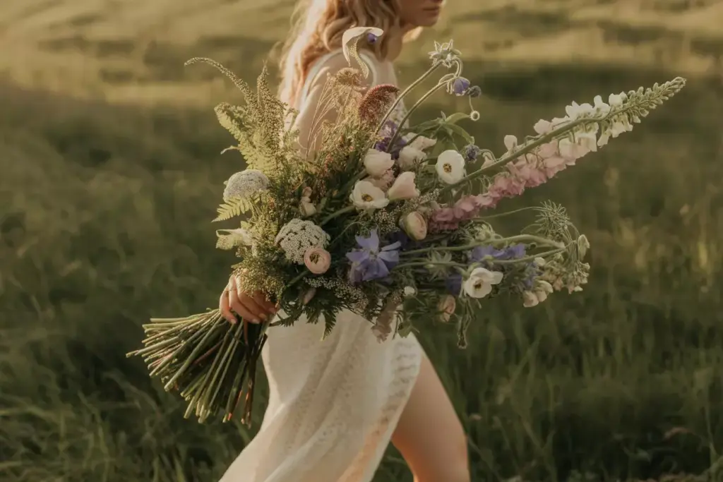 Woman in a white dress holding a large bouquet of wildflowers while walking through a grassy field.