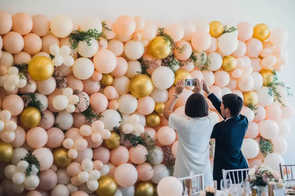 Two people take a selfie in front of a pink, white, and gold balloon wall decorated with greenery.