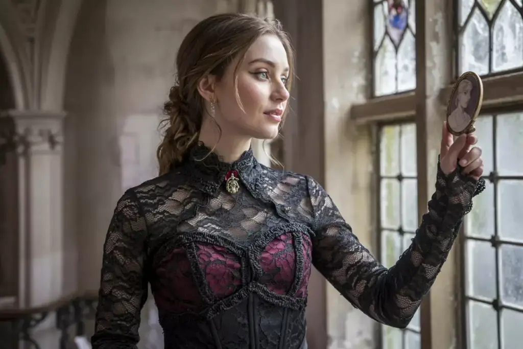 A woman in a lace dress gazes at a small portrait near a window in a vintage, sunlit room.