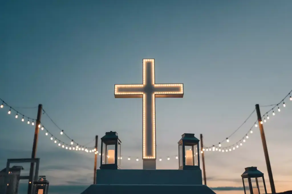 Illuminated cross with lanterns and string lights against a clear evening sky.