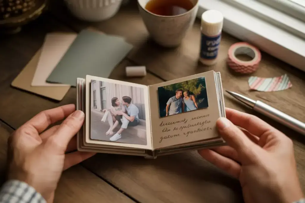 Two hands hold an open photo album with pictures of a couple and handwritten notes on a wooden table.