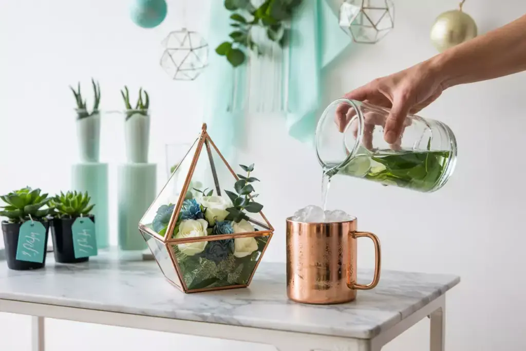 A hand pours a drink with mint into a copper mug on a table with plants and succulents.