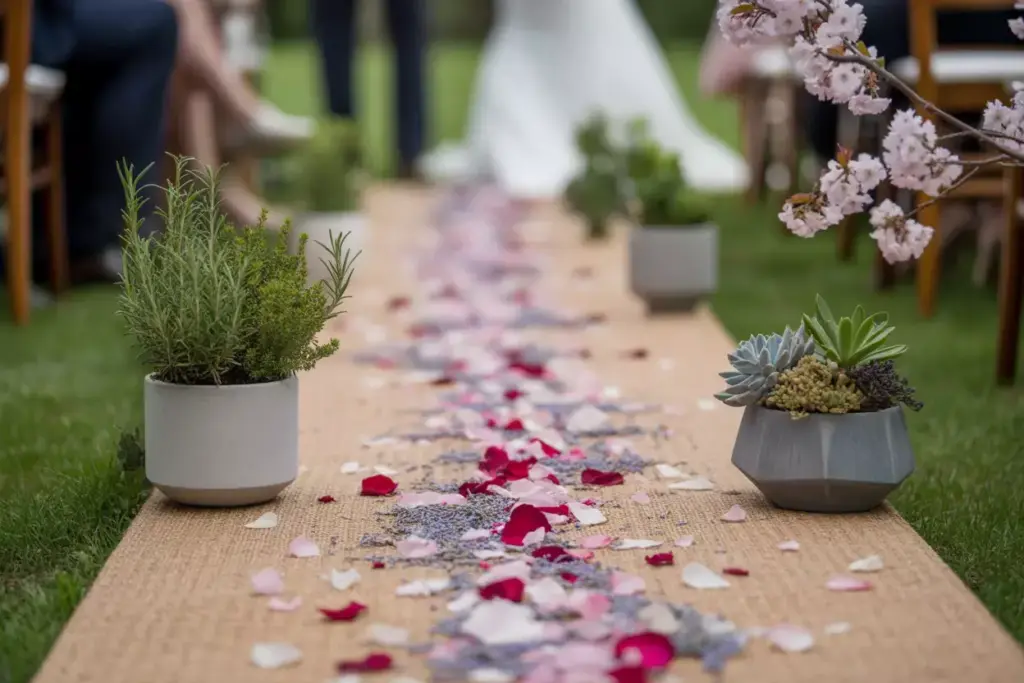 Aisle decorated with flower petals and potted plants at an outdoor wedding ceremony.