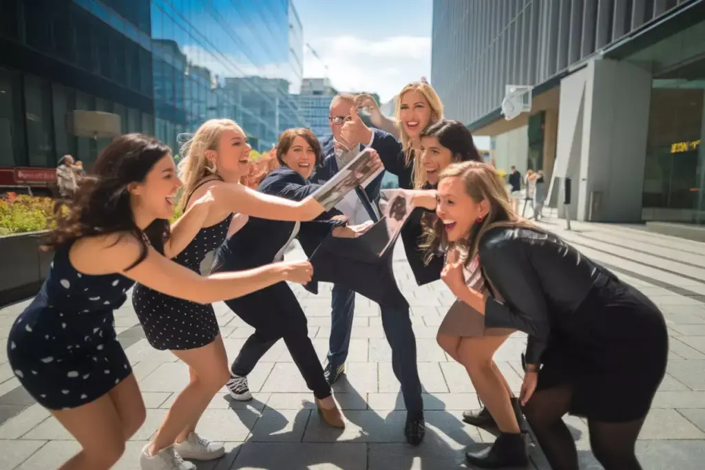 Six women and one man laugh and cheer together outdoors in a modern city business district.