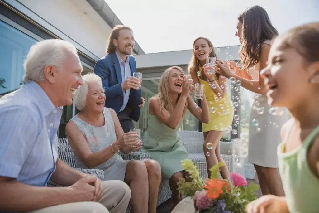 A group of people outdoors, smiling and laughing together, surrounded by bubbles and flowers.