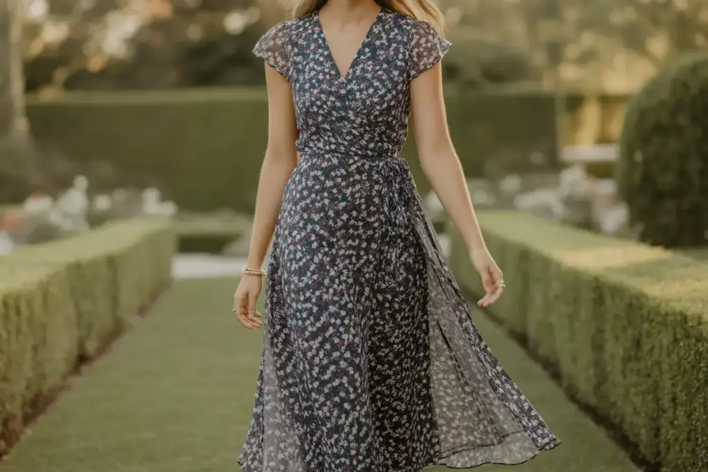 Woman in a blue floral dress walking outdoors on a garden path with trimmed hedges.