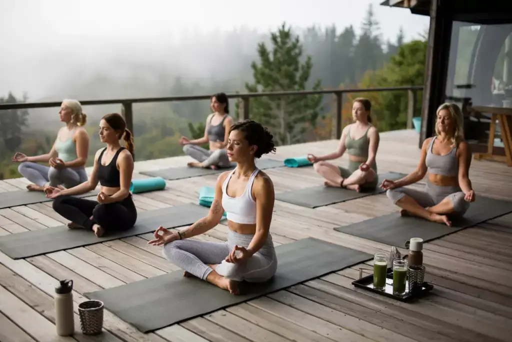 Six women meditate in a seated yoga pose on a wooden deck overlooking a misty forest.