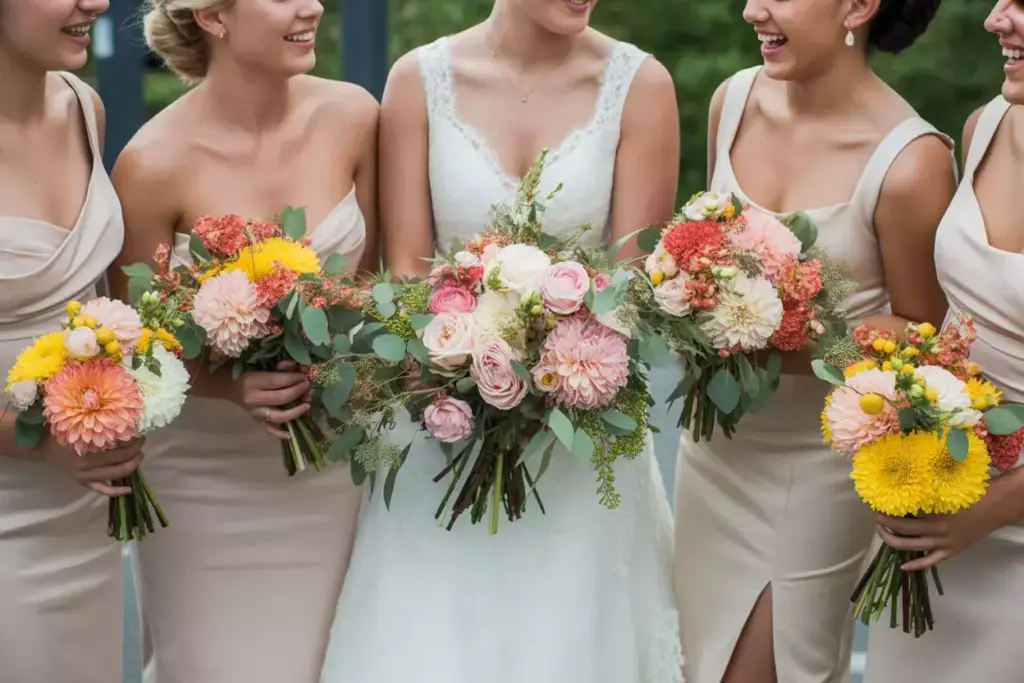 Four bridesmaids in beige dresses and a bride in white hold colorful flower bouquets and smile together.