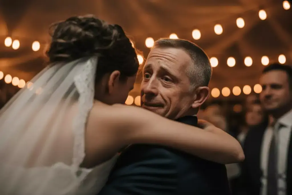 A bride hugs an older man at a wedding reception under string lights, both appearing emotional.