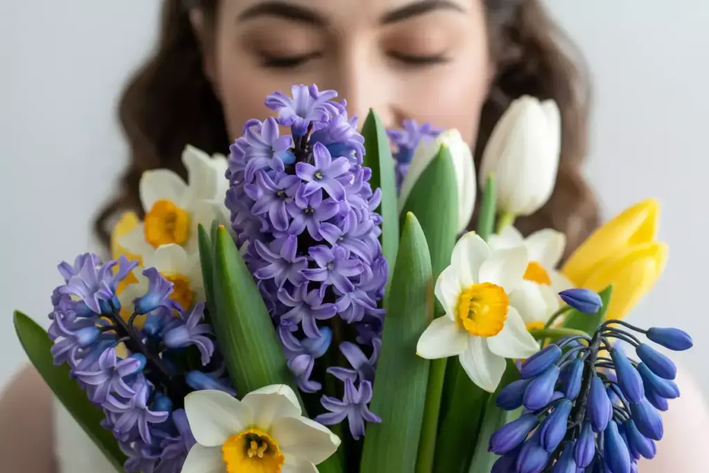 A woman holds a bouquet of purple, white, and yellow spring flowers close to her face with eyes closed.