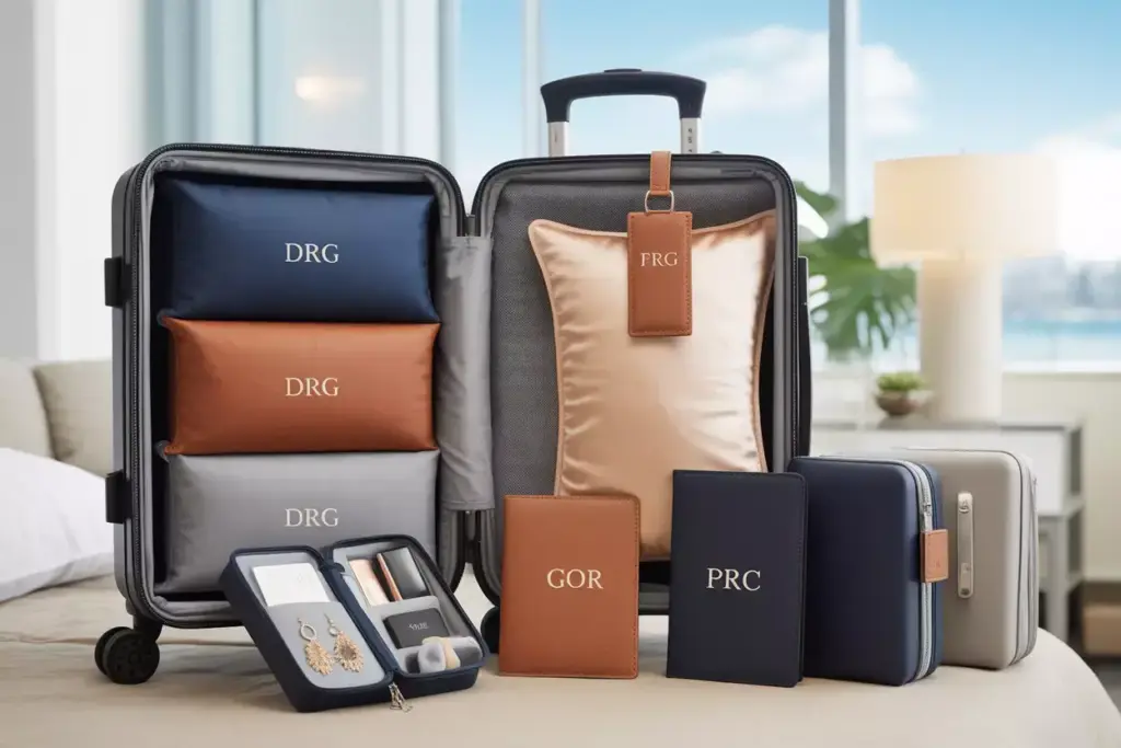 Open suitcase with monogrammed travel accessories and pouches displayed on a tidy hotel room table.