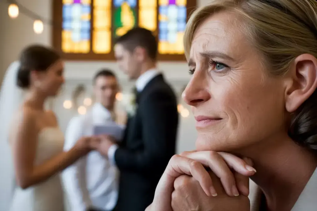 A woman looks thoughtful at a wedding ceremony, with a bride and groom blurred in the background.