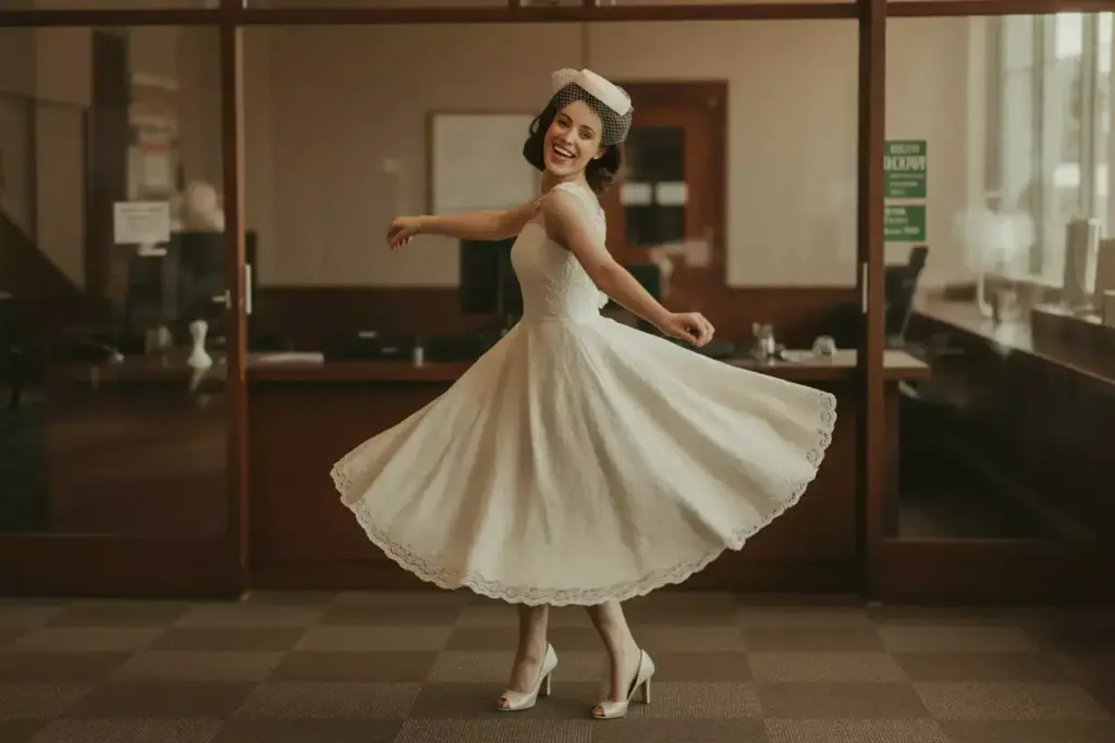 Woman in a vintage white dress and heels twirls and smiles indoors, wearing a small hat with a net veil.