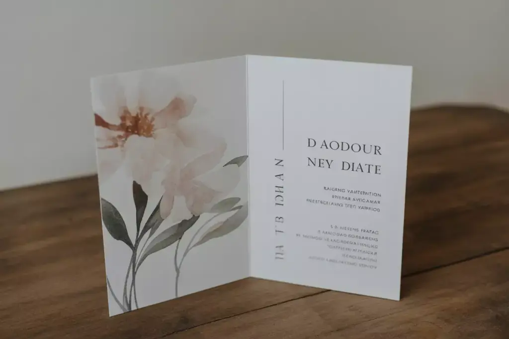 A greeting card with a watercolor flower and elegant black text on a wooden table.
