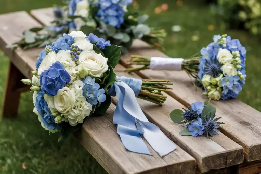 Bouquets of blue and white flowers with blue ribbons rest on a wooden bench outdoors on grass.