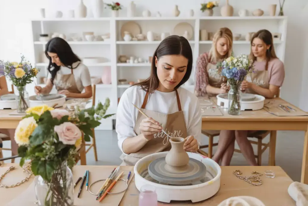 A woman decorates pottery on a wheel while others work in a bright, modern ceramics studio.