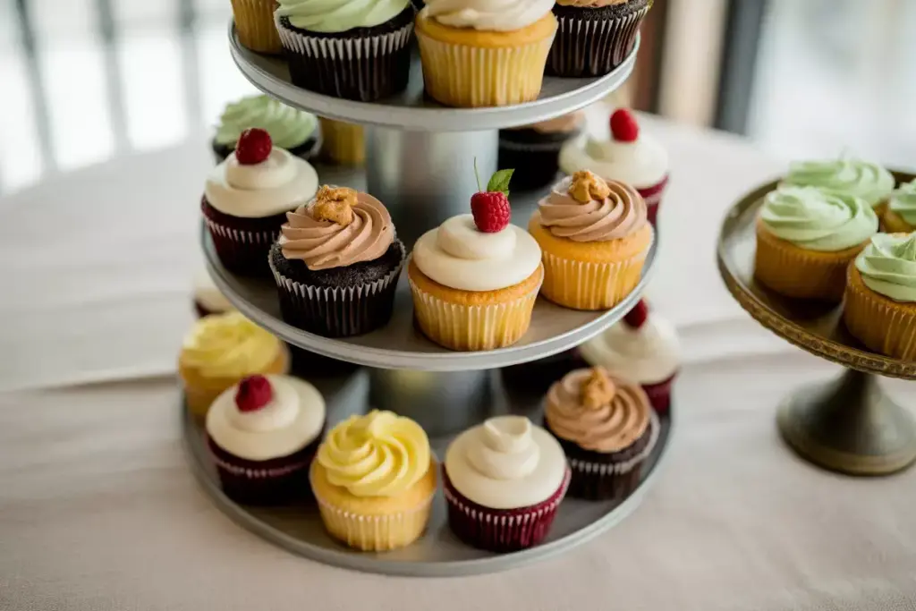 Assorted cupcakes with colorful frosting arranged on a tiered stand and a plate on a white tablecloth.