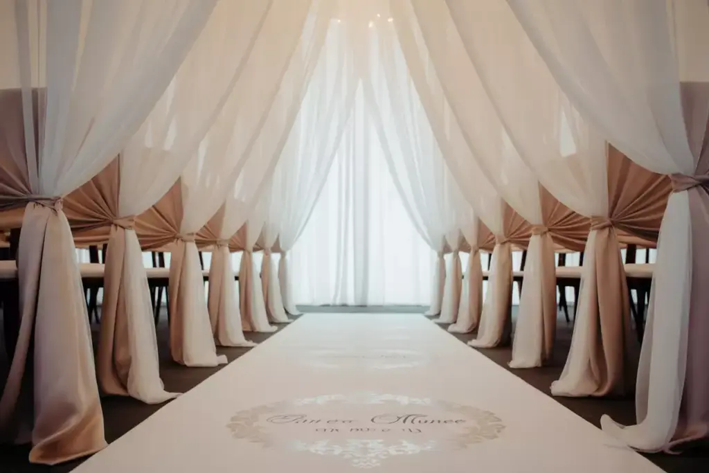 A wedding aisle lined with elegant chairs and white draped curtains, leading to a bright, light-filled backdrop.