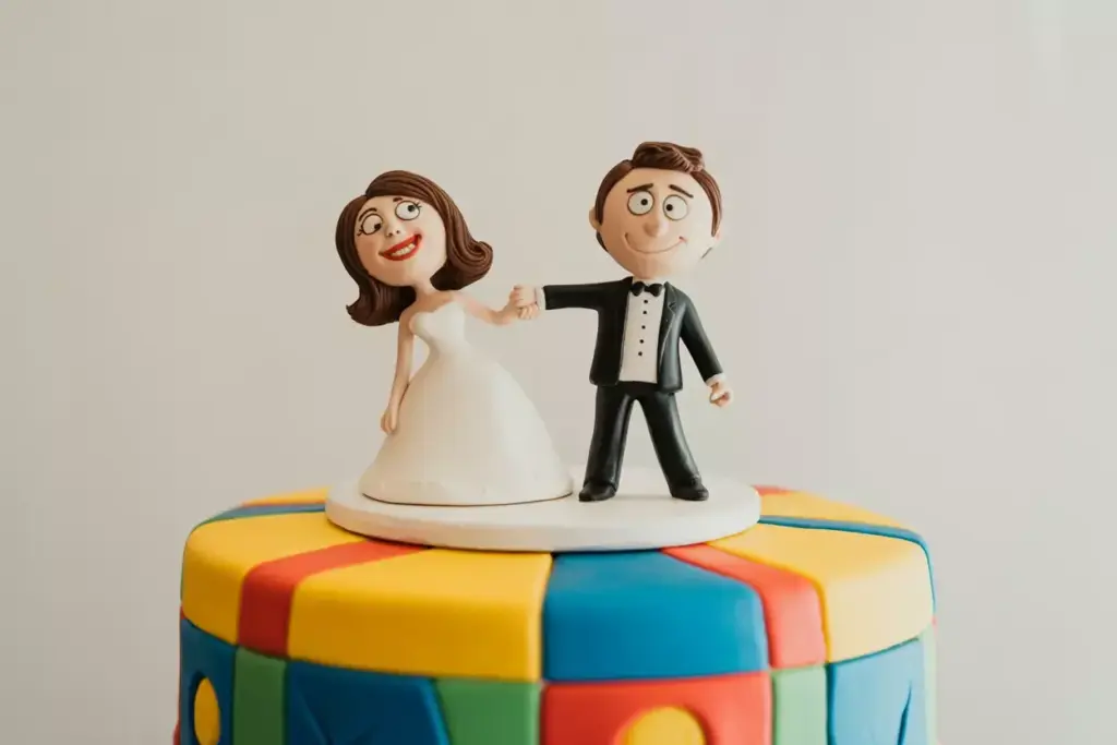 Cartoon bride and groom cake toppers stand on a colorful, geometric-patterned wedding cake.