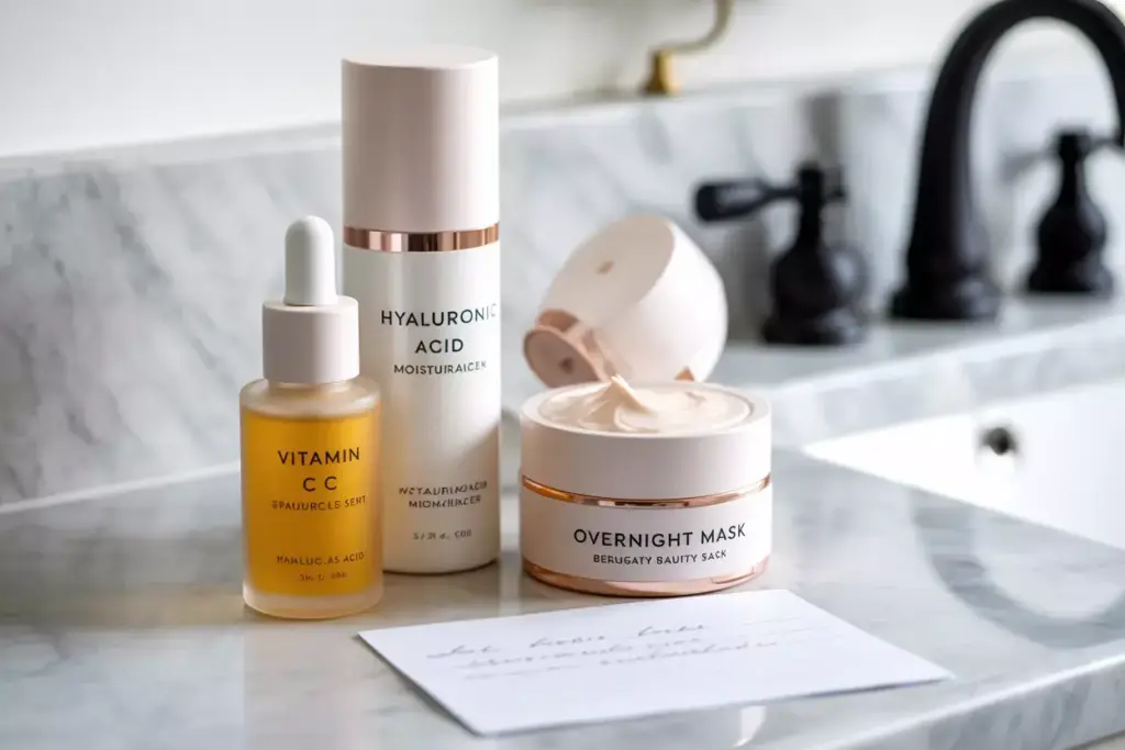Three skincare products on a marble bathroom counter: Vitamin C serum, hyaluronic acid moisturizer, and overnight mask.
