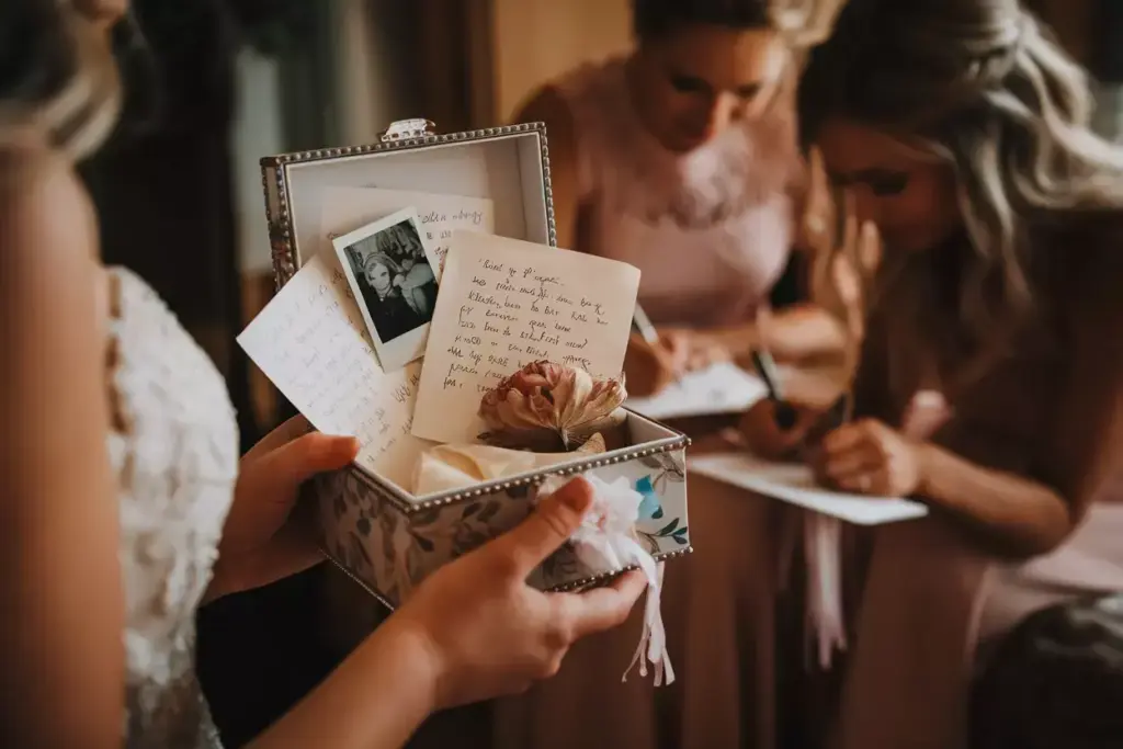 A bride holds an open box with notes, a photo, and a flower as two bridesmaids write in the background.