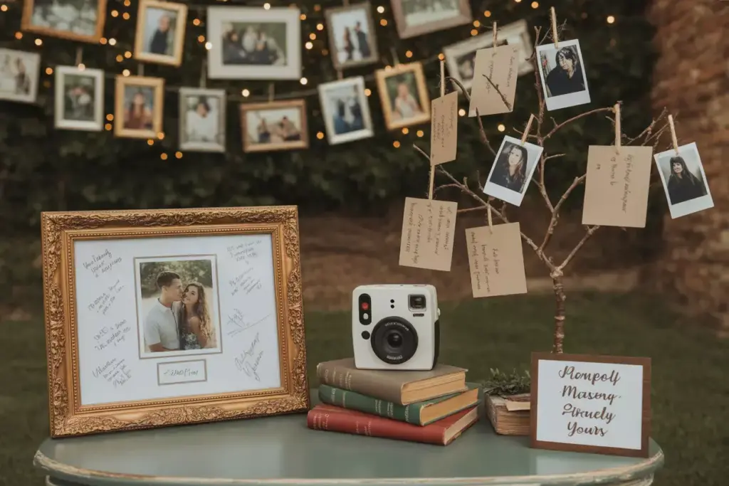 Wedding guest table with framed photo, instant camera, guest notes on a tree, and photos hanging in the background.