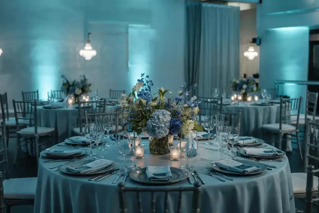 Elegant round tables with blue and white floral centerpieces set for a formal event in a softly lit room.