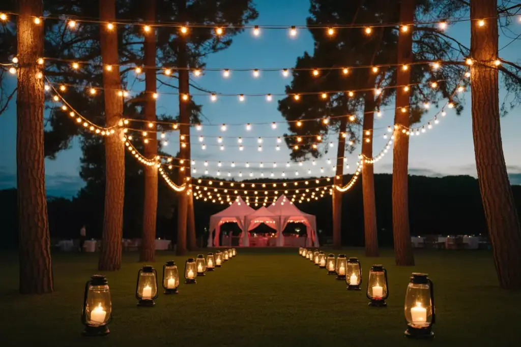 String lights and lanterns illuminate a tree-lined path leading to tents at dusk in an outdoor setting.