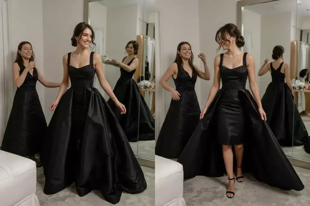 Two women in black dresses smile as one admires the others dress, which transforms from long to short.