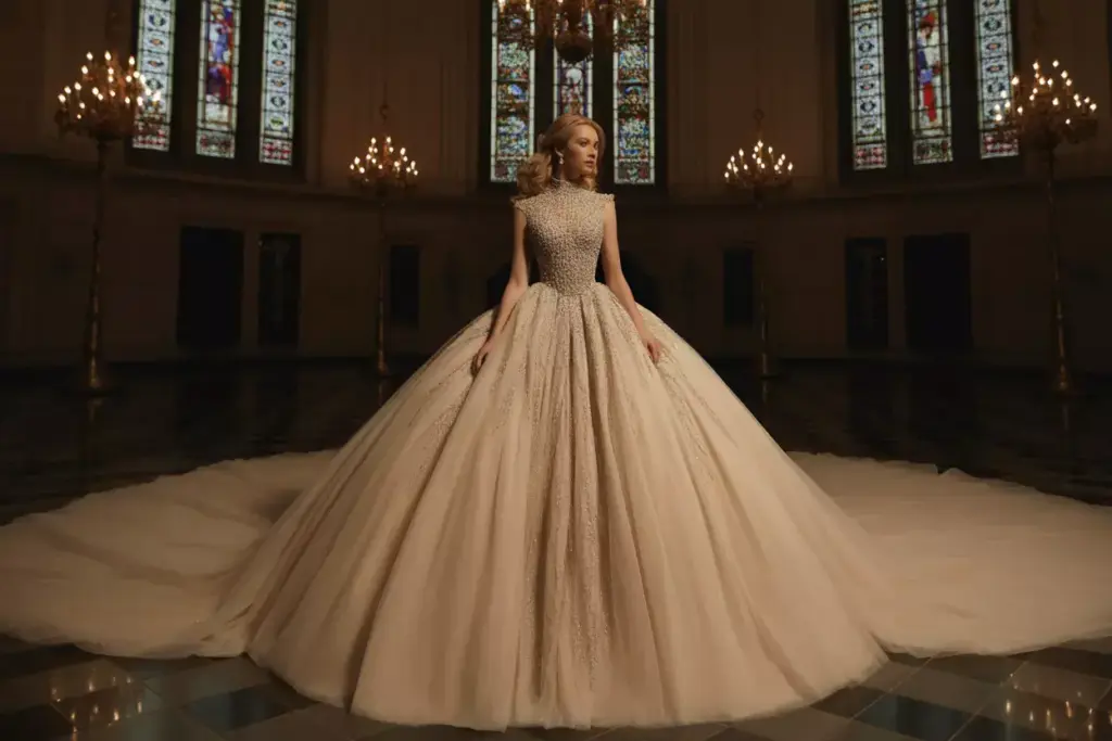 A woman in an elegant ball gown stands in a grand hall with chandeliers and stained glass windows.