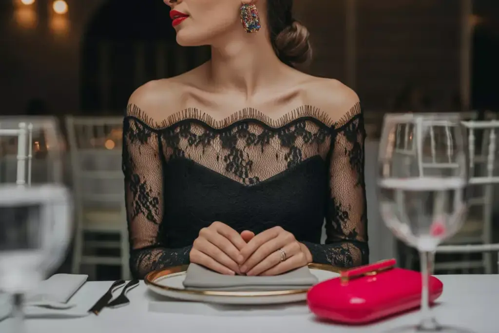Woman in a black lace dress sits at a formal dinner table with a bright pink clutch beside her plate.