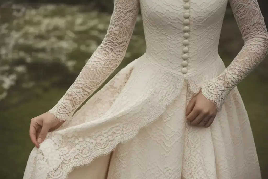Woman in a vintage lace wedding dress with long sleeves holds out her skirt, outdoors.