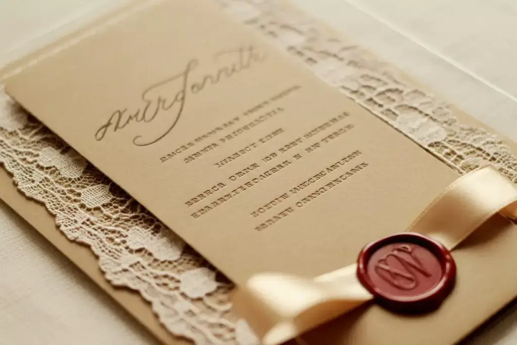 Elegant beige wedding invitation with lace, ribbon, and a red wax seal featuring the letter W.