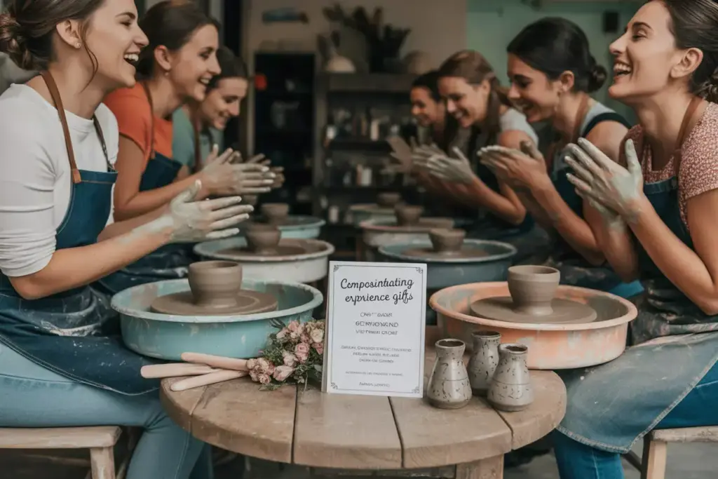 Six women in aprons smile and shape clay at pottery wheels during a group pottery class.