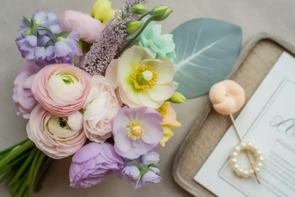 Pastel bouquet with roses and ranunculus beside a tray holding a peach macaron and a pearl bracelet.