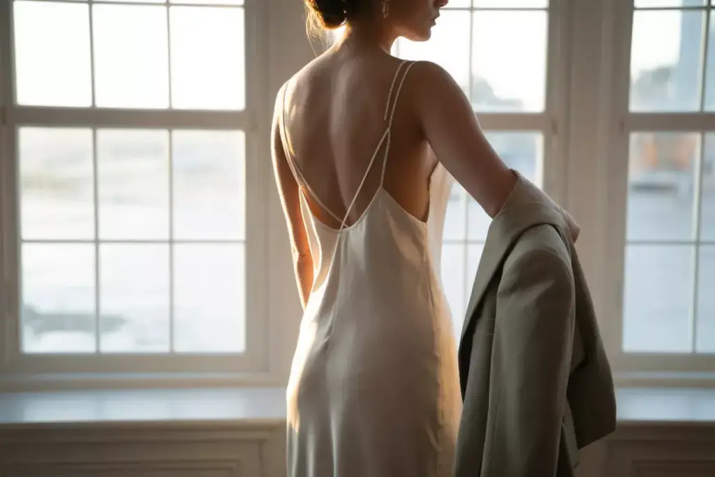 Woman in a backless satin dress stands by large windows, holding a jacket, with soft sunlight behind her.