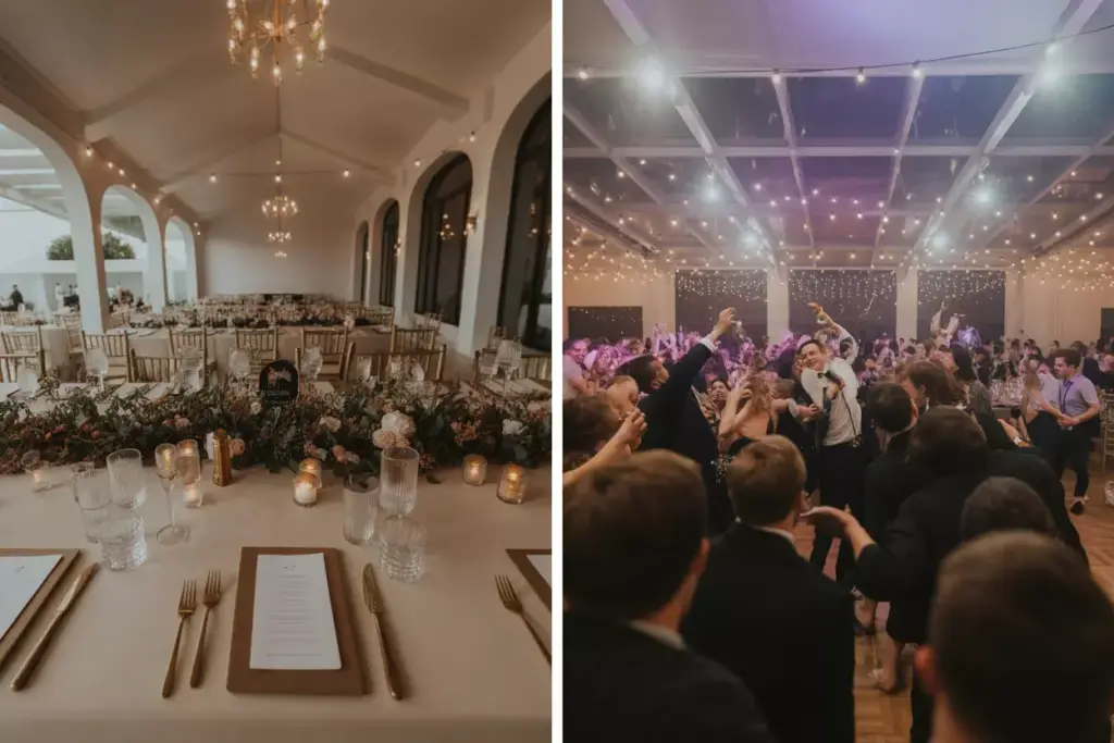 Split image: elegant wedding reception table setting on left; lively dance floor with guests celebrating on right.
