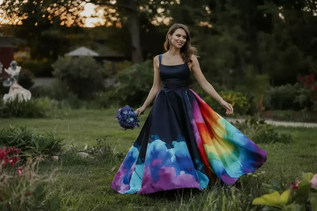Woman in a dark dress with colorful rainbow clouds on the skirt, holding flowers, standing in a garden.