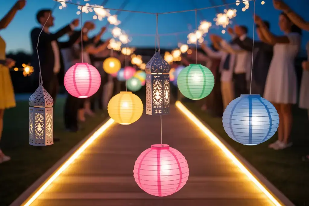 Colorful lanterns hang over a lit walkway as people hold sparklers at an outdoor evening event.